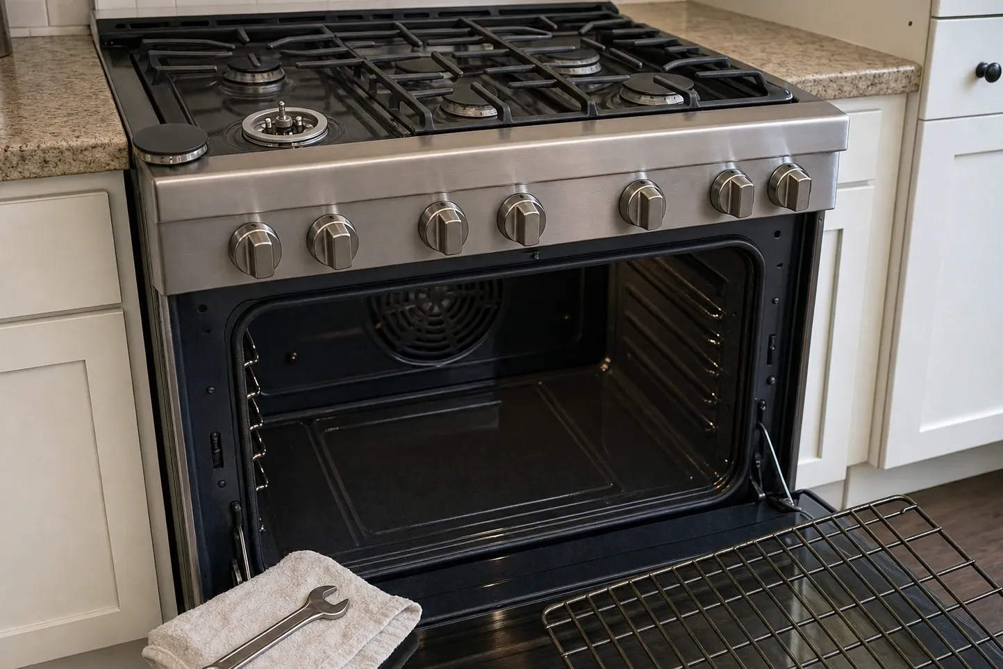 Open oven cavity with the convection fan cover on the rear wall, rack removed and a wrench on a towel below